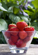 Glass bowl with ripe summer strawberries on a stone bench in a garden.