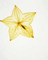 Studio shot of slice of Starfruit, translucent on light box with single seed.