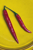Red Jalapeno chilli, Capsicum annuum, Close view of two chillies viewed from above on a bright yellow speckled plate.