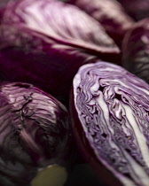 Cabbage, Red cabbage, Brassica oleracea capitata. A cut half among whole ones. Moody lighting.