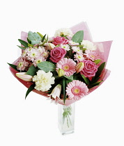 Carnation, white Dianthus with pinnk chrysathemems, gerberas, lilies and roses, Floral  arrangement as a bouquet with pink tissue in a glass vase.