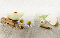 Chamomile, Chamaemelum nobileon. Three flowers arranged with apple quarters and broken pieces of cinnamon sticks on pale, distressed, wooden background. Selective focus.