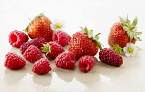 Raspberry, Rubus idaeus cultivar and Strawberry, Fragaria cultivar. Several berries with calyxes and strawberry flowers on white marble. Selective focus.