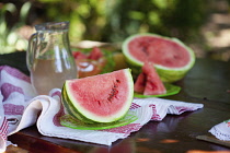 Watermelon, Citrulus lanatus, Outdoor shot of sliced fruit showing red flesh and seeds.