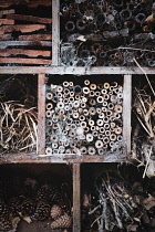 Garden, Insect hotel and bug refuge made from roof tiles, plant cones and  wood.