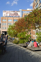 USA, New York, Manhattan, people seated on benches and walking along a path beside plants in autumn colours on the sundeck leading to the Chelsea Market Passage on the High Line linear park on a disus...