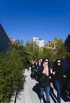 USA, New York, Manhattan, people walking beside small trees in the Chelsea Thicket on the High Line linear park on a disused elevated railroad spur of the West Side Line. USA, New York State, New Yor...