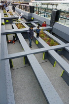 USA, New York, Manhattan, people with children among plants on an exposed structural section of the High Line linear park made into a play area on an elevated disused railroad spur called The West Sid...
