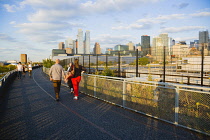 USA, New York, Manhattan, wild plant area and original rails of the disused elevated West Side Line railroad making the High Line linear park beside the Hudson Rail Yards with trains at the north end...