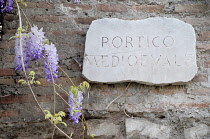 Italy, Lazio, Rome, Roman Forum, Foro Romano, stone sign 'Portico Medioevale'.